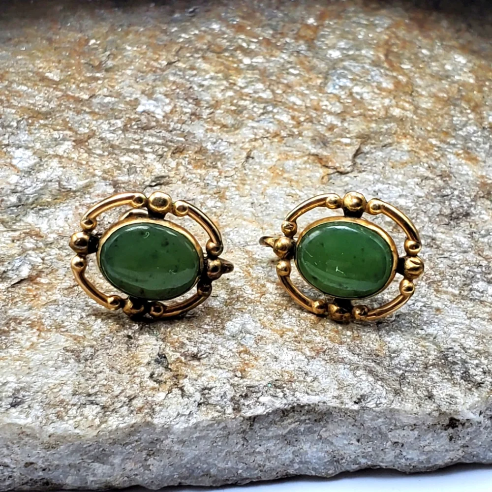60's 12K Gold Filled Jade Earrings Clip-On Oval Screw Back Statement Fashion Vtg